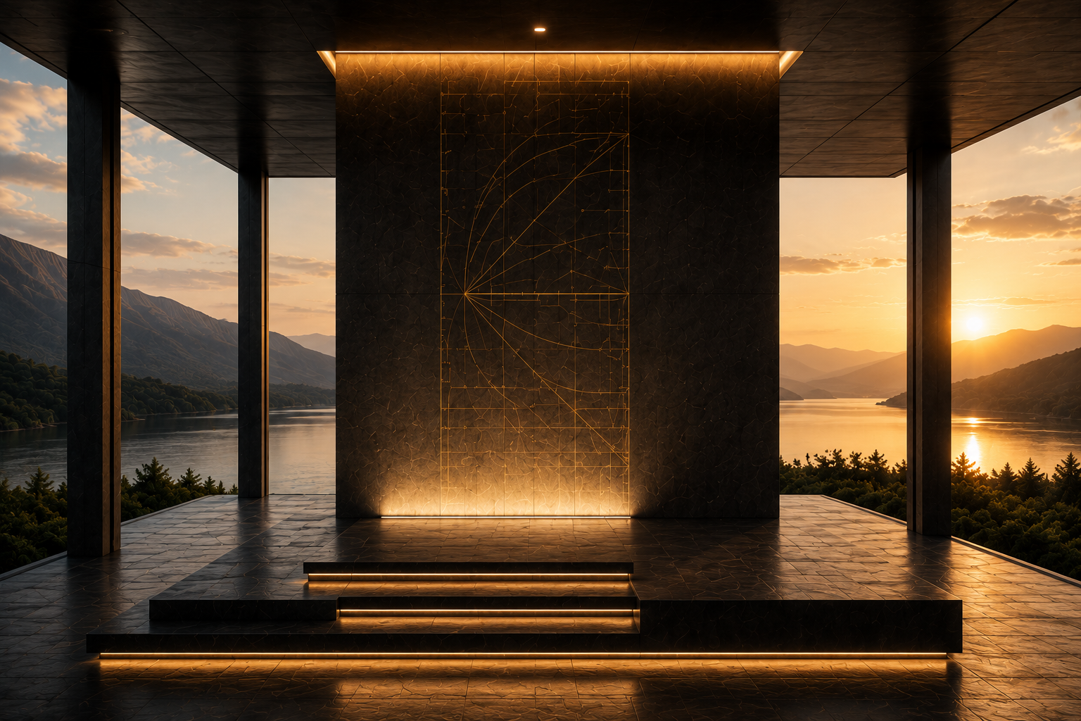 Architectural structure opening into warm light