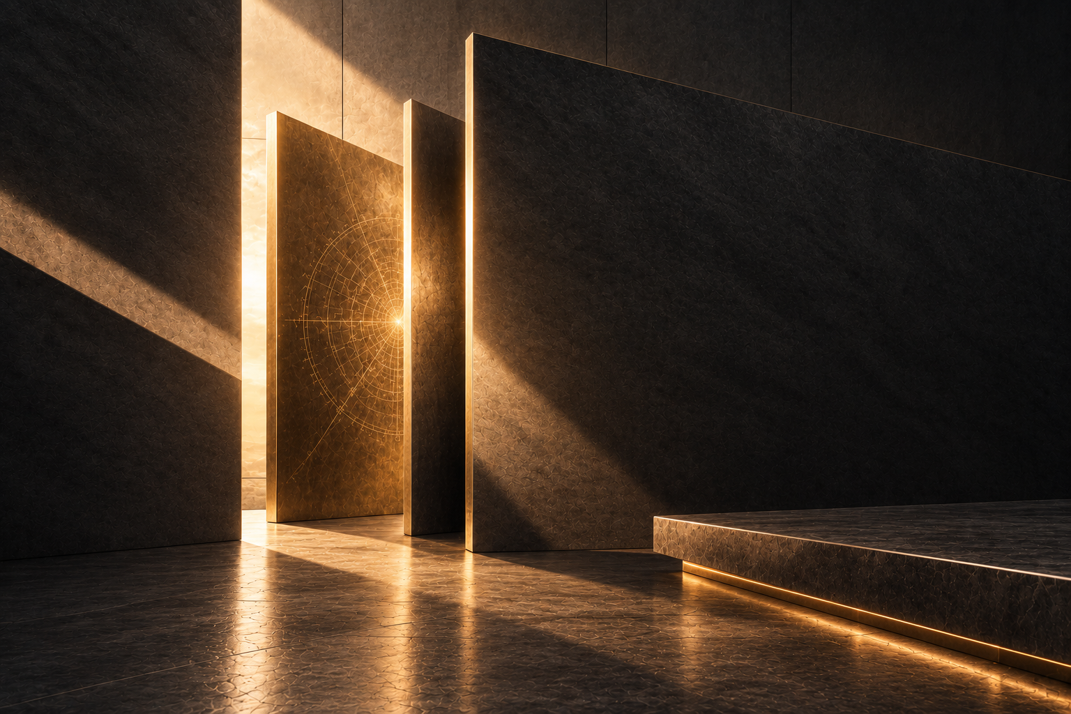 Structured architectural forms revealing a clear path