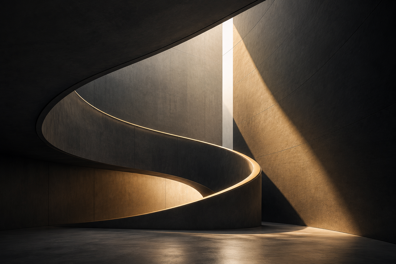 Architectural path curving toward light